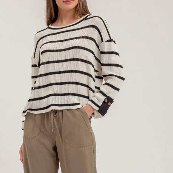 NWT Black Striped Relaxed 3/4 Cuffed Sleeve Knit Top - Picture 1 of 4